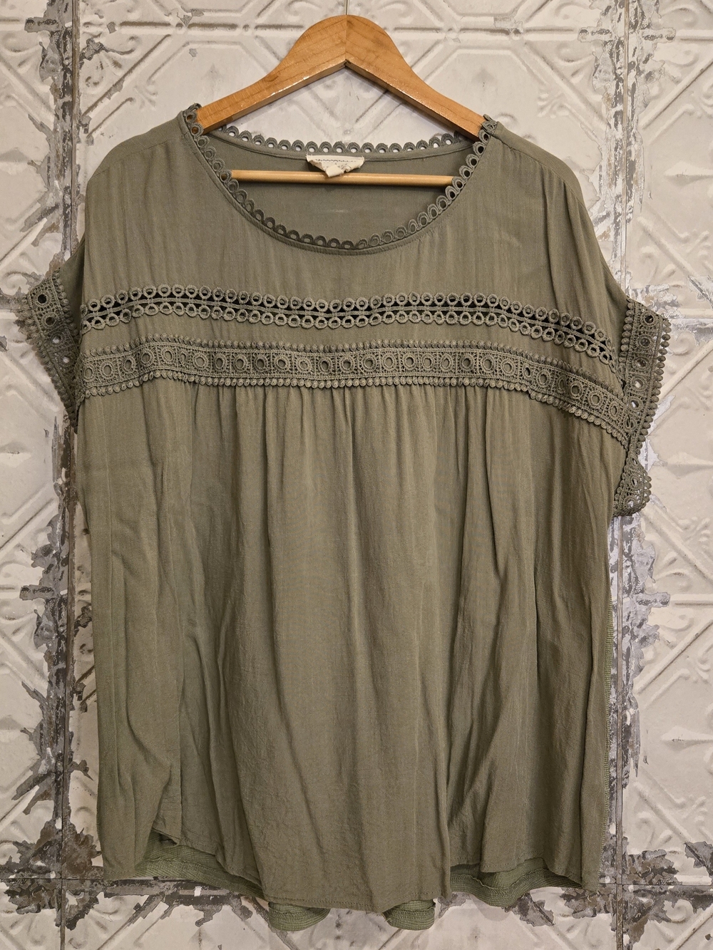 Flower & Feather Bohemian-Olive Green Crochet Trim Women's Blouse Top Plus 3X - Picture 9 of 9